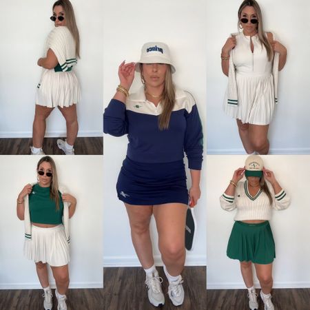 Target Prince Pickleball Collection. Soooo cute and highly recommend. Overall the collection has good stretch,  runs big and I sized down in many items as I am usually an XL.

My sizing is below: 

Pleated skorts:size large (size down)
Cream pleated dress: size large (size down)
Cream cable sweater: size XL is loose. Size Large would be fitted.
Green cropped tee: size Large (size down)
Navy skort and pullover size XL (true to size) 
Bucket hat: one size 

The country club  trucker hat is Amazon (linked) matches perfect. 

#LTKActive #LTKfitness #LTKmidsize