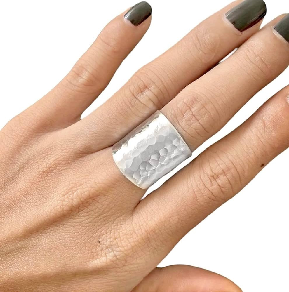 Hammered Sterling Silver Handmade Classic Wide Band Boho Statement Ring, Shiny Finish Wrap Band A... | Amazon (US)