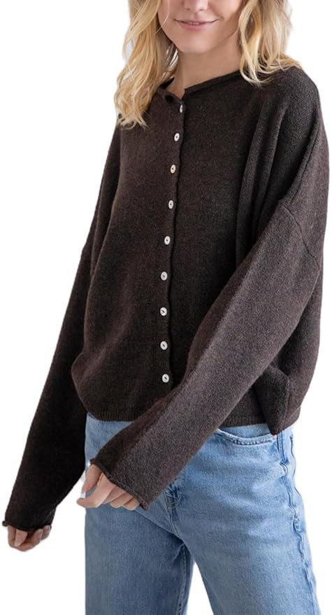 Women Casual Cardigan Sweater Lightweight Loose Crewneck Button Down Long Sleeve Basic Knit Tops | Amazon (US)