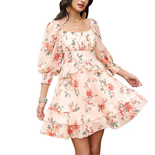EXLURA Womens Floral Ruffle Sun Dress Sundress Tiered Square Neck Long Sleeve Off Shoulder Smocked Skater Mini Dress Pink | Amazon (US)