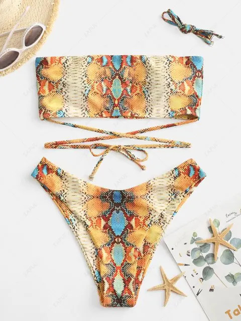 ZAFUL Animal Print Tie High Cut Bandeau Bikini Swimwear - Dark Orange S | ZAFUL (Global)