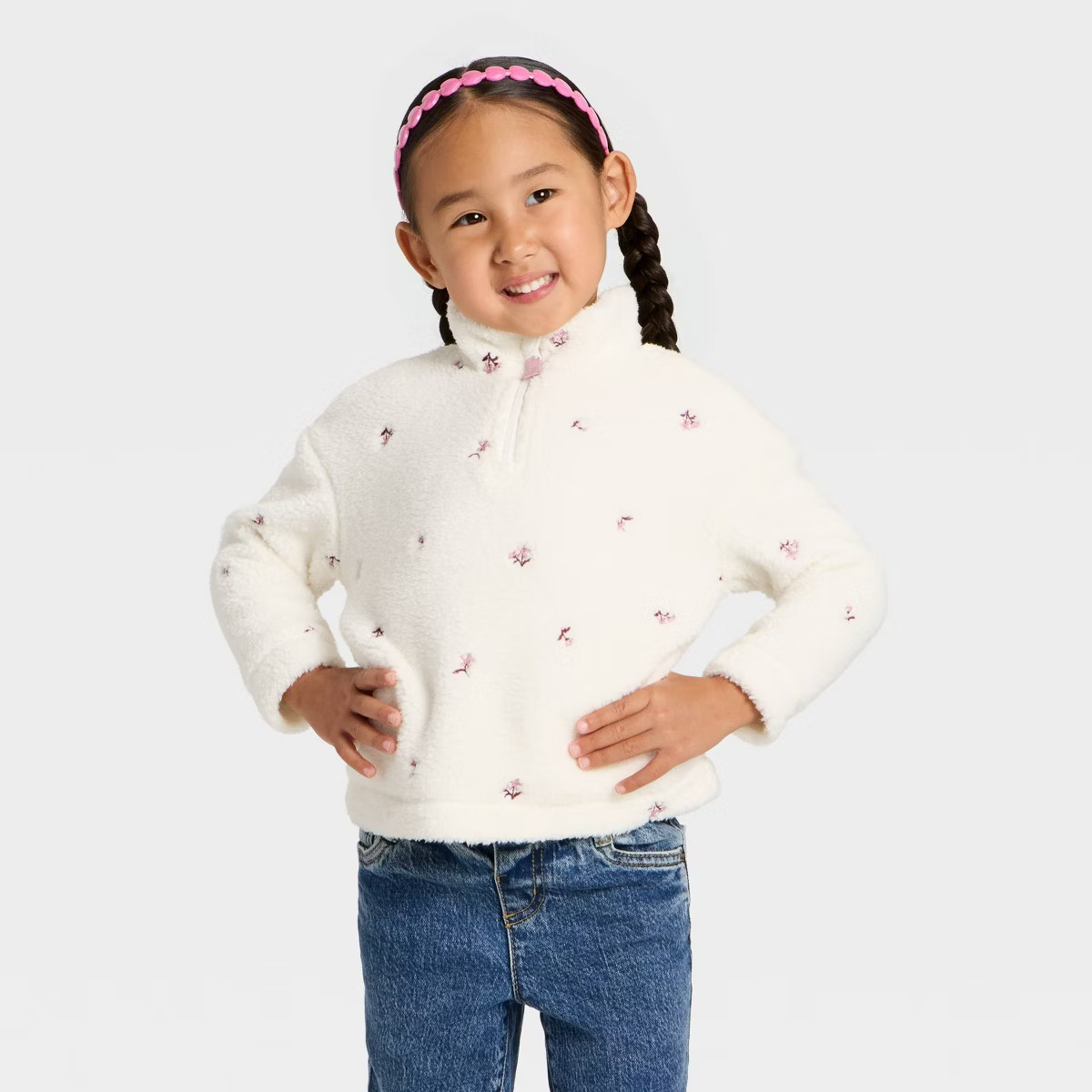 Toddler Girls' Floral Faux Shearling Jacket - Cat & Jack™ Cream | Target