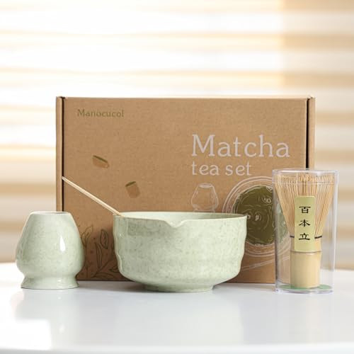 Matcha Set Match Bowl with Spout and Matcha Whisk Holder Whisk Tea Set Includes and Bamboo Scoop Ceramic 17 OZ - 4pc Perfect Matcha Kit for Matcha Tea Ceremony (Mottled Green) | Amazon (US)