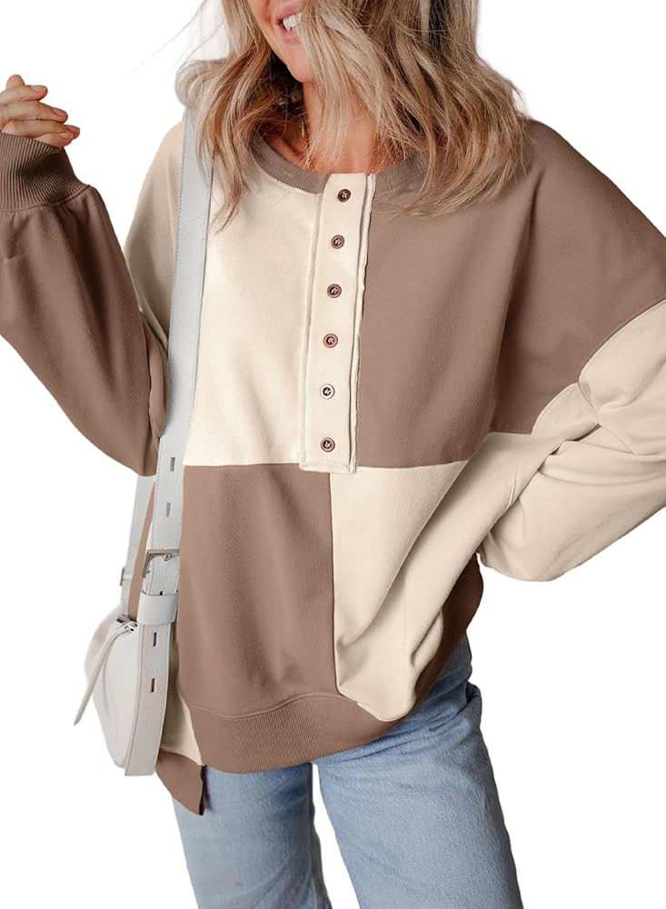 SHEWIN Women's Sweatshirts Casual Loose Button Henley Pullover Top Color Block 2024 Fall Fashion ... | Amazon (US)