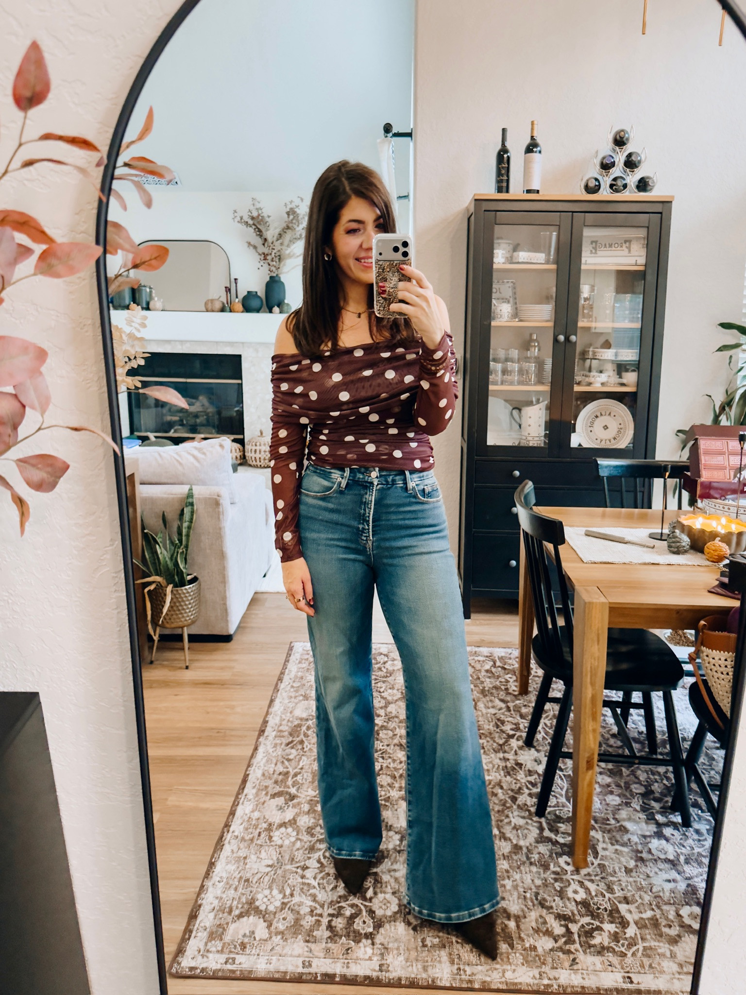 In a medium polka dot top and 8 wide leg jeans 
How cute is this outfit for a casual date night!? 


date night outfit, night on the town, girls night outfit, brunch outfit, on-the-go outfit, mom style, midsize outfit inspo, inclusive fashion, off the shoulder top, mesh top, flare jeans, black heels, everyday style, street style, casual outfit

#LTKStyleTip 

#LTKMidsize #LTKSeasonal