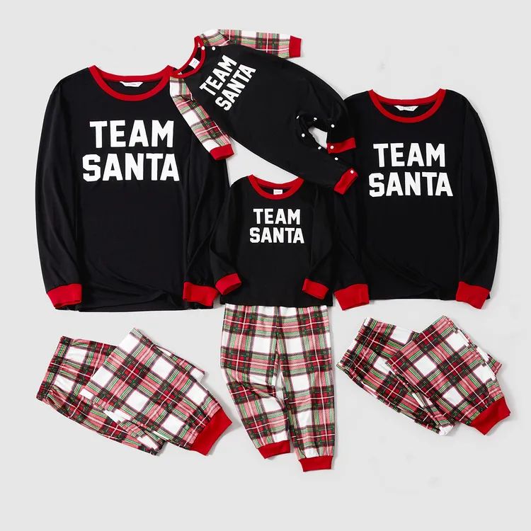 Christmas Family Matching Letter Print Black Long-sleeve Plaid Pajamas Sets (Flame Resistant) | PatPat