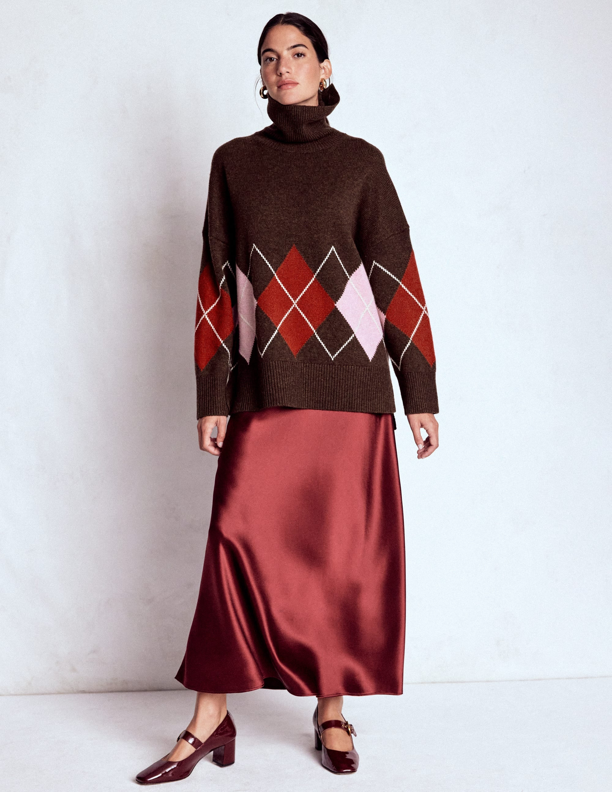 Polly Merino Roll Neck Jumper-Brown, Pink Argyle | Boden UK