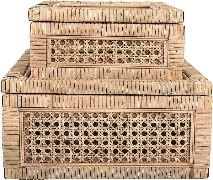 Boho Woven Cane and Rattan Display Boxes with Glass Lids, Set of 2 Sizes, Natural | Amazon (US)