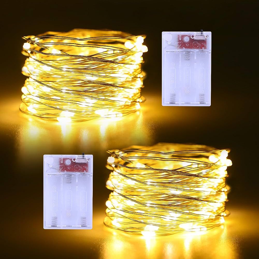 Fairy Lights Battery Operated 2 Pack 16.4Ft 50 LEDs Silver Copper Wire Twinkle Lights for Hallowe... | Amazon (US)