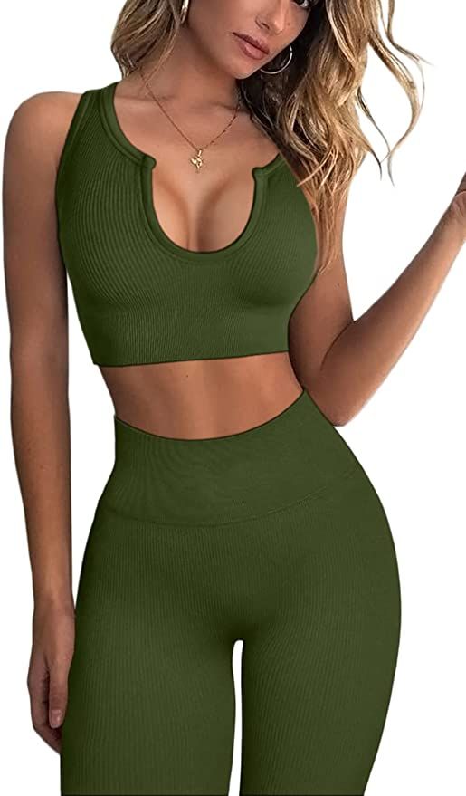 QINSEN Workout Outfits for Women 2 Piece Ribbed Seamless Crop Tank High Waist Yoga Leggings Sets | Amazon (US)