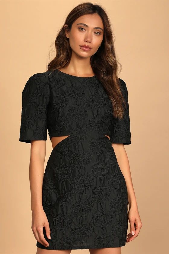 Romantic Reunion Black Jacquard Cutout Short Sleeve Mini Dress | Lulus (US)