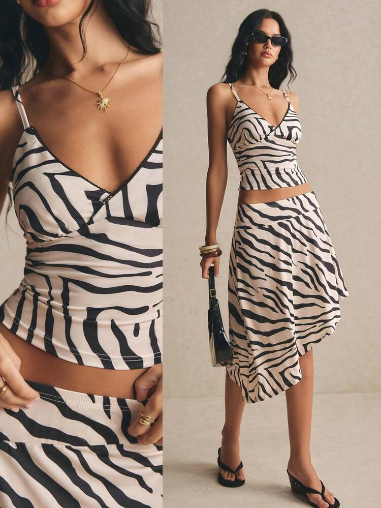 Poéselle Top Canotta Con Stampa Zebrata + Gonna Con Orlo Asimmetrico | SHEIN