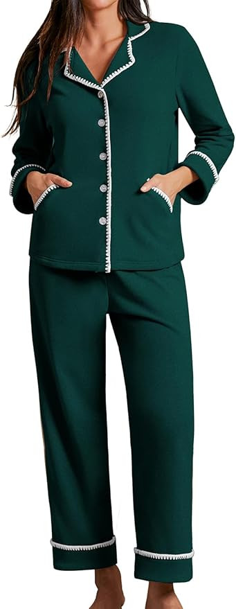 CHYRII Womens Pajamas Sets Fall Fashion Flannel Scalloped Button Up Long Sleeve PJ Sets Two Piece... | Amazon (US)