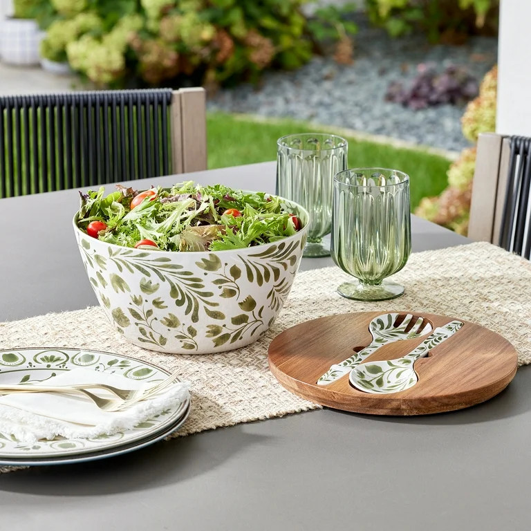 Better Homes & Gardens 4-Piece Bamboo Melamine Salad Serving Bowl and Utensil Set with Acacia Woo... | Walmart (US)