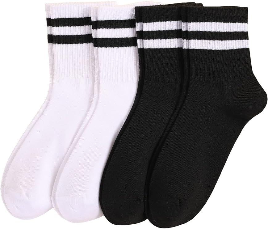 OYOANGLE Women's 2 Pairs Striped Trim Casual Crew Socks Simple Mid Calf Socks | Amazon (US)