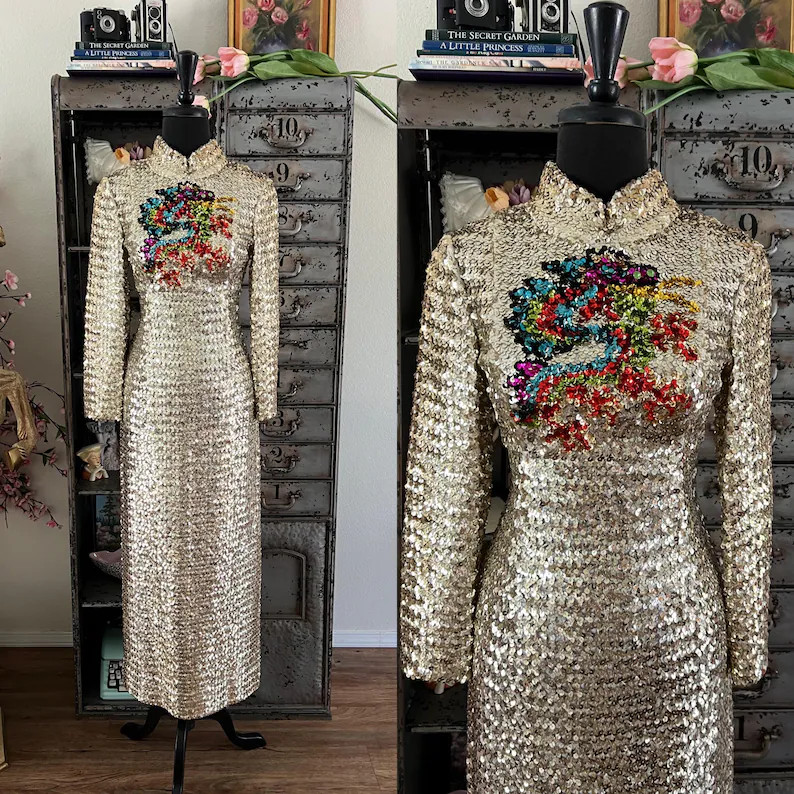 Vintage 1960's Eloise Curtis Gold Sequin Cheongsam with Chinese Dragon Medium | Etsy (Global)