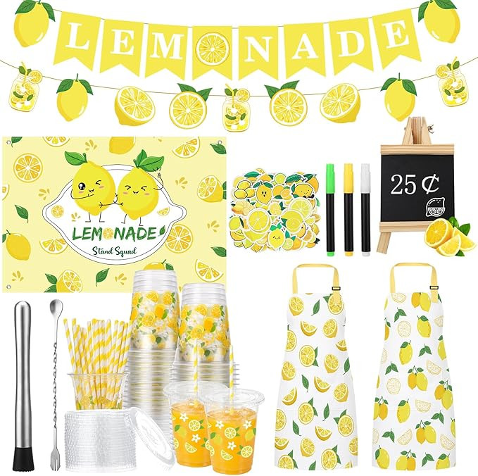 Lemonade Stand Supplies 50 Pcs Lemonade Cups with Lids and Straws Kids Lemon Aprons Banners Table... | Amazon (US)