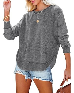 EVALESS Sweatshirt for Women Crewneck Long Sleeve Side Split Tops Casual Solid Color Loose Pullov... | Amazon (US)