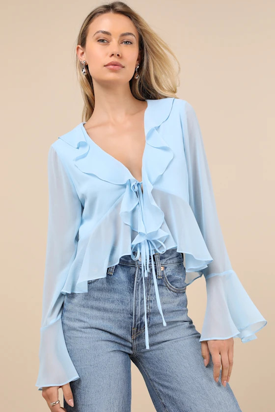 Thriving Flirt Blue Chiffon Ruffled Long Sleeve Tie-Front Top | Lulus