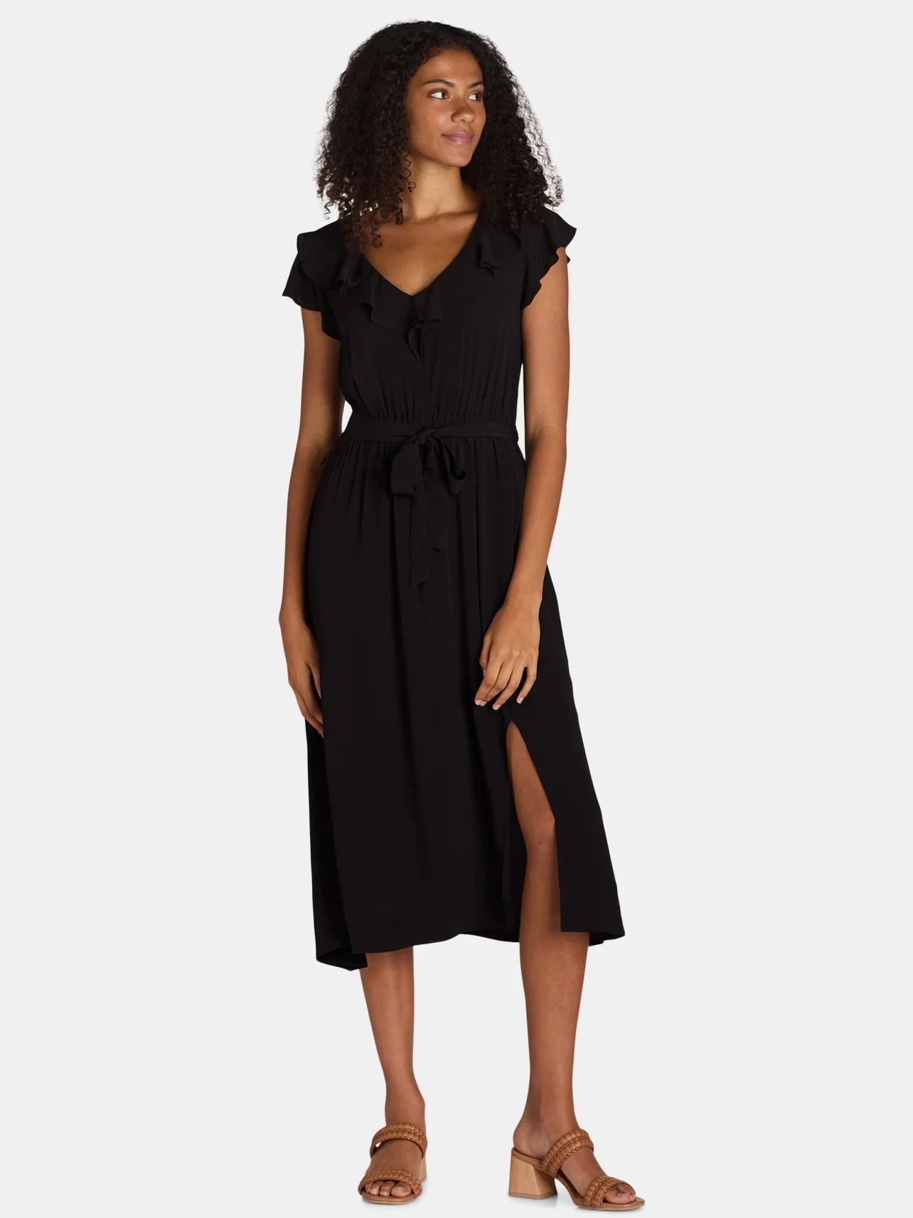 Time and Tru Women's and Women's Plus Ruffle Neck Midi Dress, Sizes XS-4X - Walmart.com | Walmart (US)