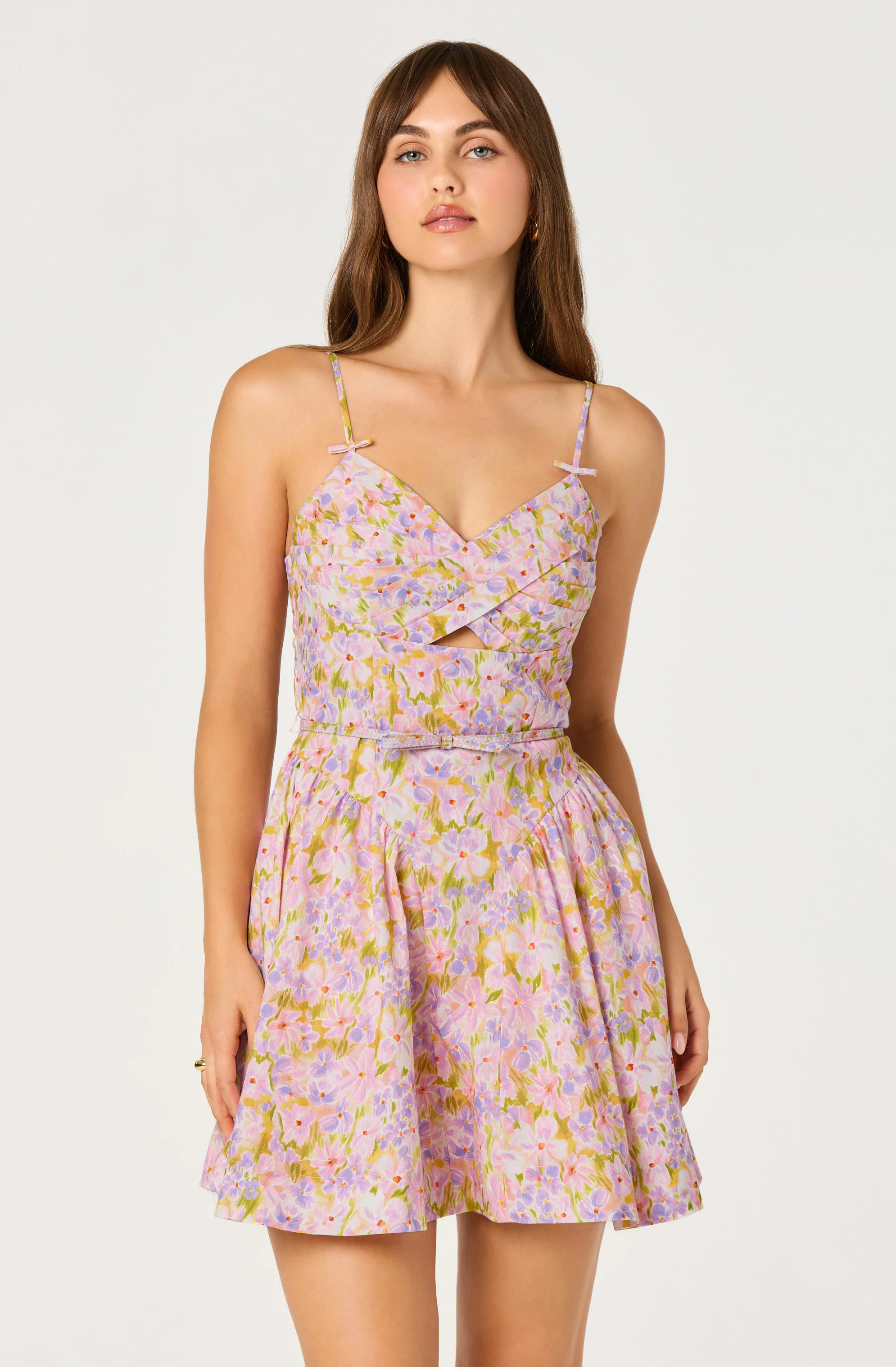 Isha Floral Sweetheart Mini Dress with Belt - Pink lilac floral / XS | ASTR The Label (US)