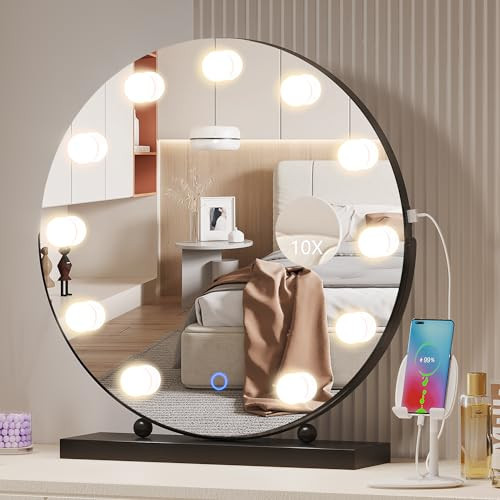 LVSOMT Hollywood Makeup Vanity Mirror with Lights, 20" makeup mirror with 10X Magnification, 360° Rotation Round LED Mirror with USB Port, Lighted Up Desk Mirror, Mirror for Table, for Bedroom, Black | Amazon (US)