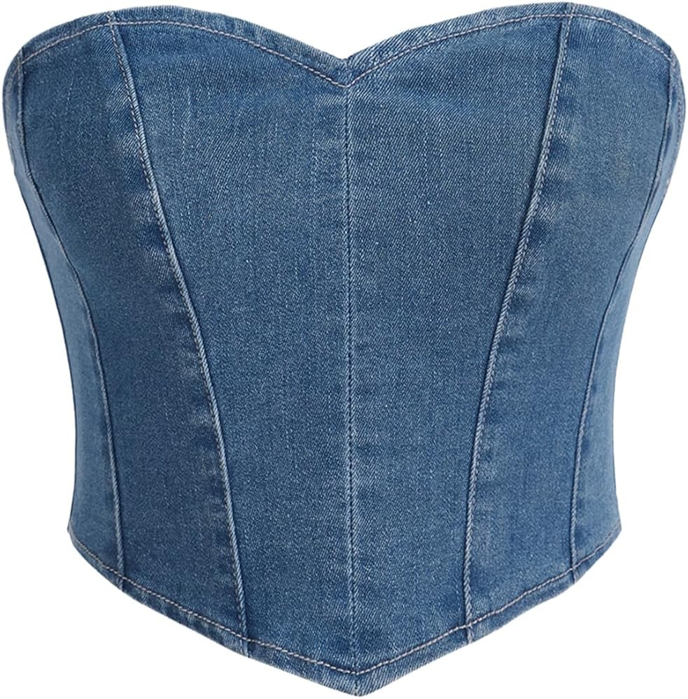 Milumia Women's Hanky Hem Denim Tube Top Zipper Back Strapless Corset Crop Tops | Amazon (US)