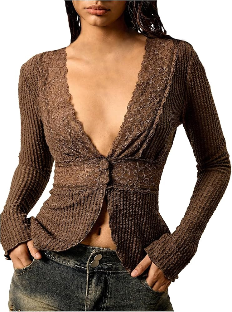 SHENHE Women's Lace Deep V Neck Top Button Up Long Sleeve Boho Hippie Going Out Fall Shirt | Amazon (US)