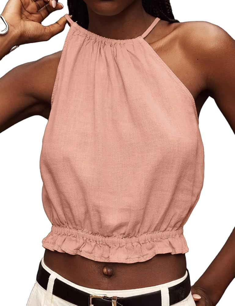IDEALSANXUN Womens Crop Linen Halter Tops Summer High Neck Tank Tops Sleeveless Shirts | Amazon (US)