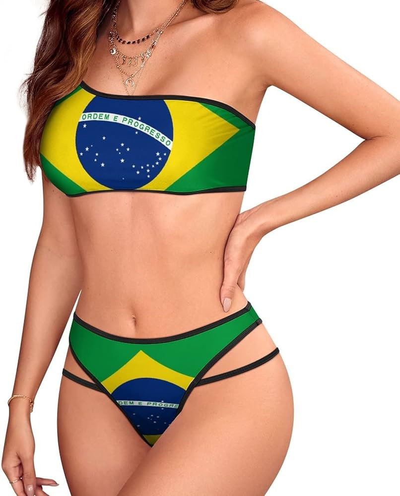 Women's Brazil Flag Triangle Bikini Top Push Up Padded Halter String Bathing Suits Top XS | Amazon (US)