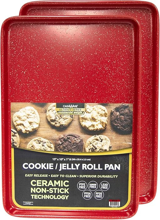 casaWare 2pc Ultimate Commercial Weight 15 x 10 x 1-Inch Cookie Sheet Set (Red Granite) | Amazon (US)