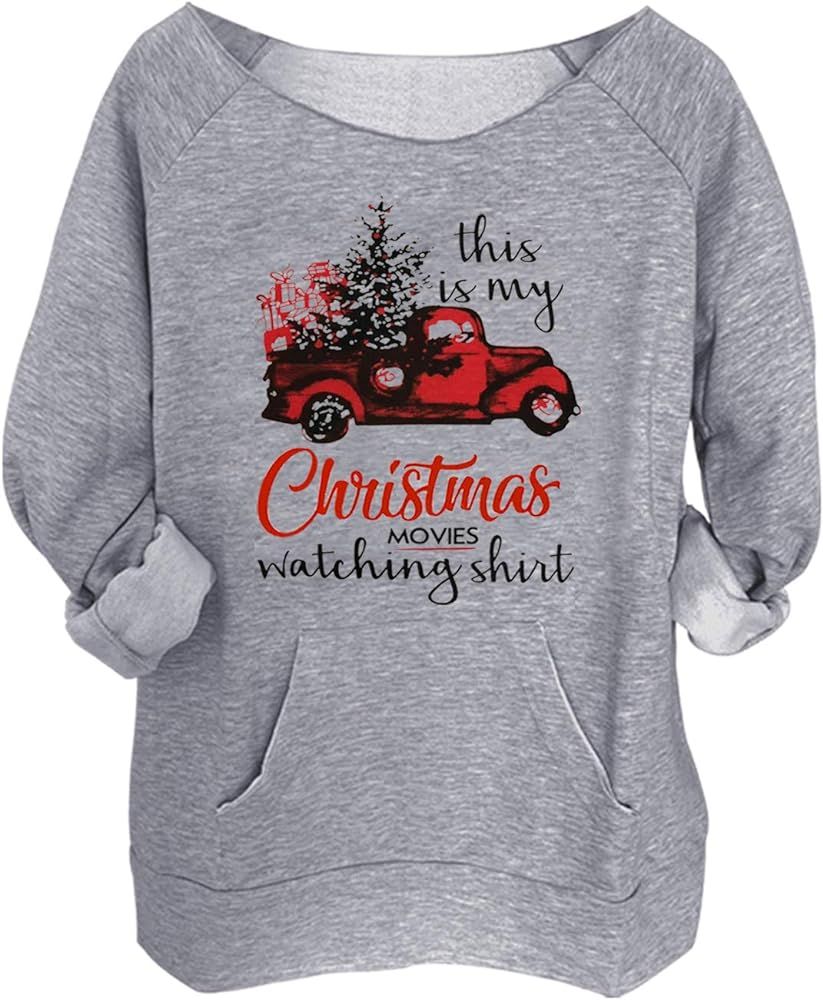 Christmas Movies Watching Shirt Sweatshirt Xmas Truck Women Off Shoulder Sweatshirt Slouchy Sexy ... | Amazon (US)