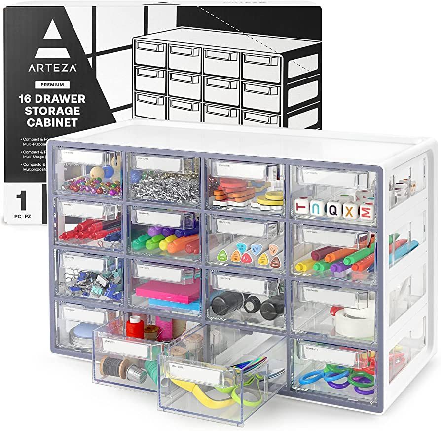 ARTEZA 16 Drawer Storage Cabinet, 17.7 x 8.2 x 10.9 inches, White, Plastic Drawers? with Stoppers... | Amazon (US)