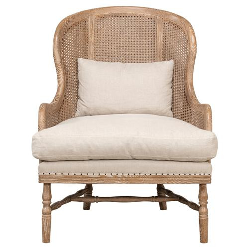 Rudolph Coastal Beige Upholstered Linen Brown Oak Woven Cane Wing Chair | Kathy Kuo Home