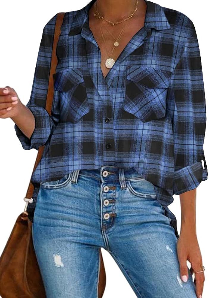 Hotouch Women's Flannels Plaid Shirts Long Sleeve Button Down Blouse Basic Cotton Boyfriend Pocke... | Amazon (US)