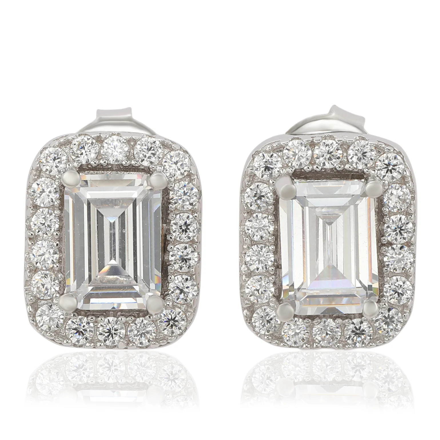 Suzy Levian Sterling Silver Cubic Zirconia Emerald Cut Halo Stud Earri | SUZY LEVIAN