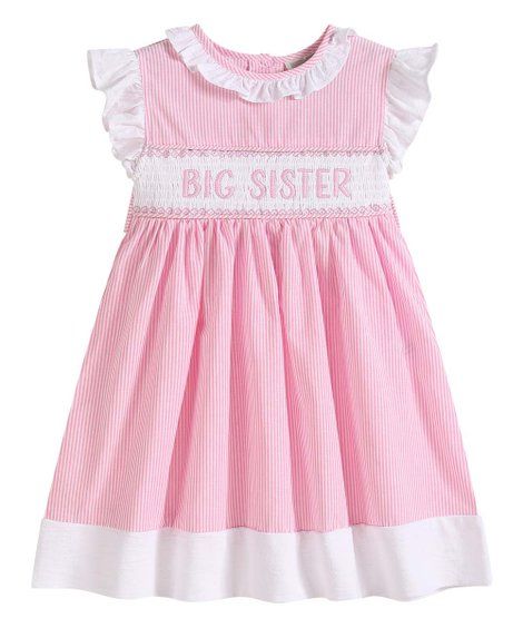 Lil Cactus | Pink Stripe 'Big Sister' Smocked Flutter-Sleeve Dress - Girls | Zulily