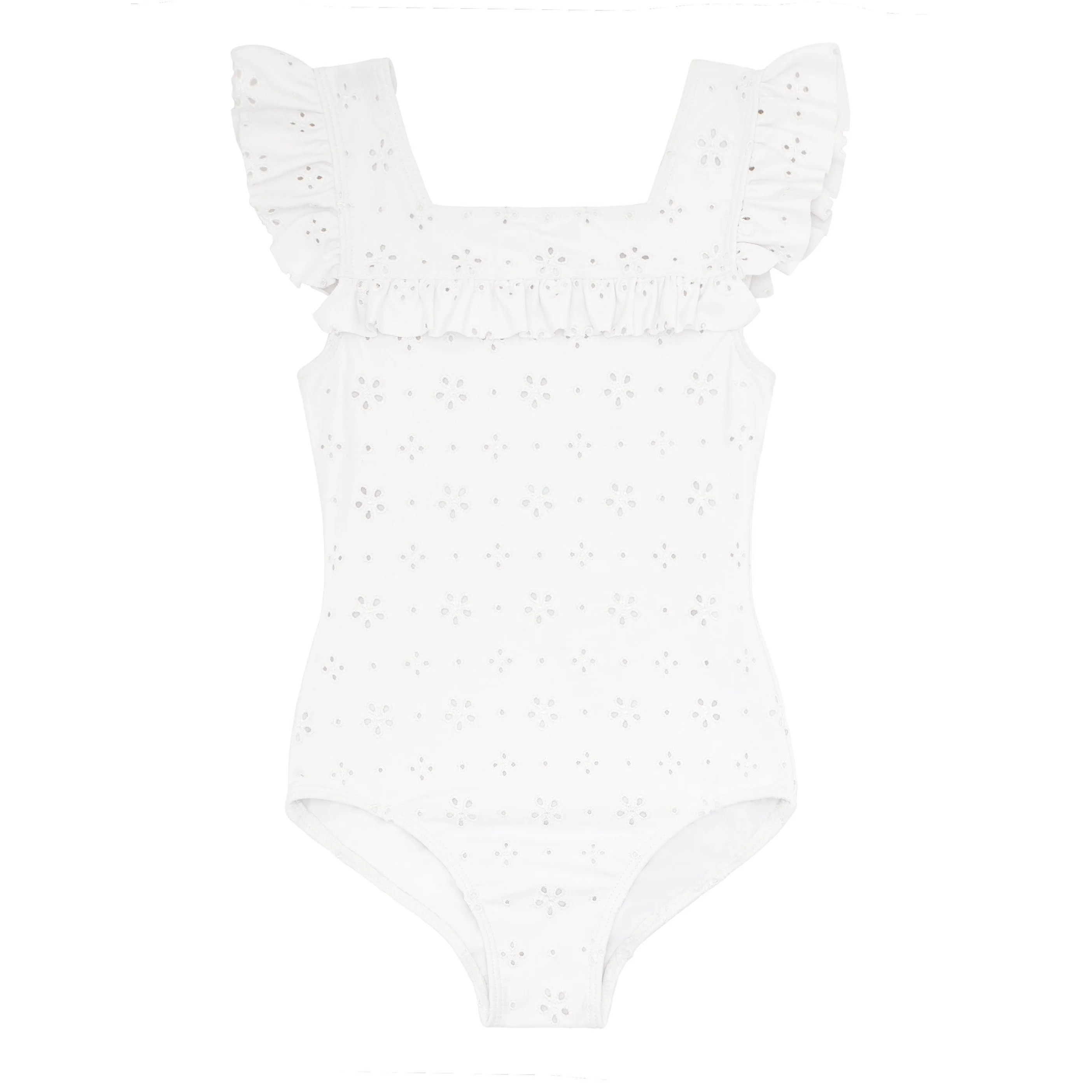 girls white eyelet square neck double ruffle one piece | minnow