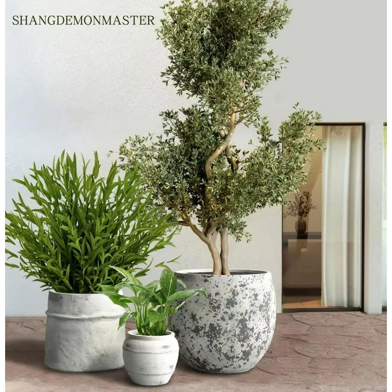 Large Concrete Planters Set of 3, Big Round Outdoor Indoor Garden Pots with Drainage Hole & Rubbe... | Walmart (US)