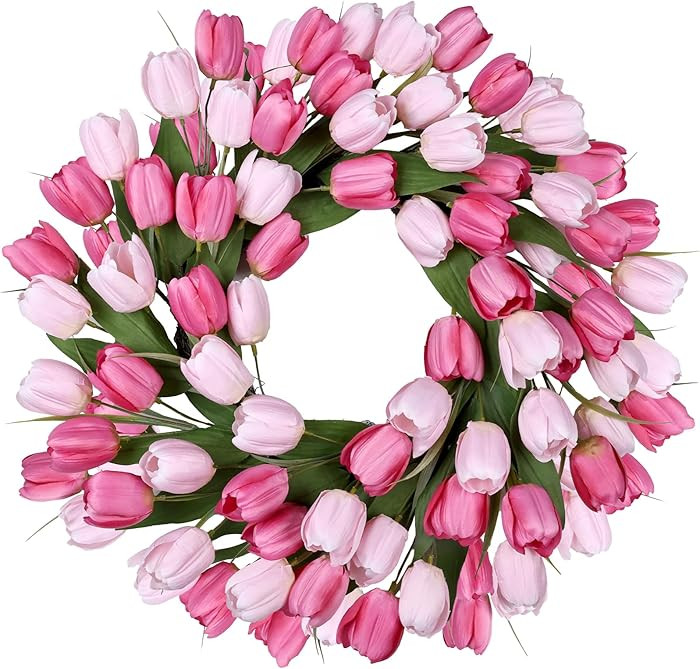 24 Inch Tulip Spring Wreath for Front Door Summer Silk Wreath with Green Leaves Artificial Tulip ... | Amazon (US)
