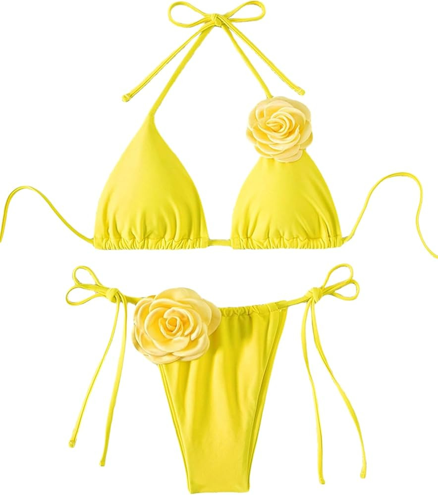 BEAUDRM Women's 2 Piece Solid 3D Flower Halter Bikini Set Side Tie High Cut Triangle Swimsuit Bat... | Amazon (US)