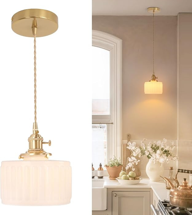 Shenmoyl Pendant Light with White Striped Glass Lmapshade, Brass Vintage Pendant Light Adjustable... | Amazon (US)