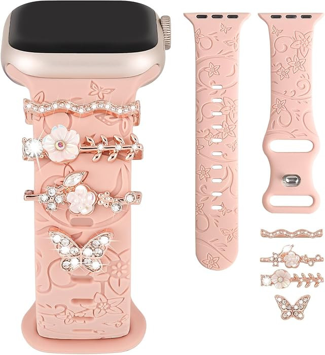 Charm+Band for Apple Watch Bands 40mm 41mm 38mm 44mm 45mm 46mm 42mm Women,Floral Engraved Silicon... | Amazon (US)
