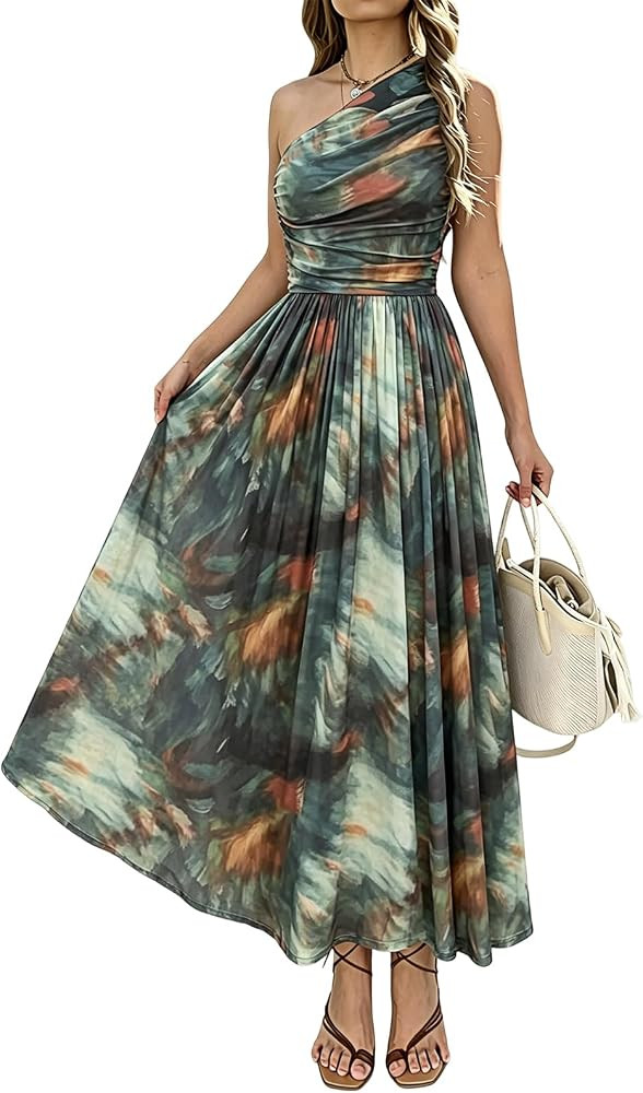 Women Summer One Shoulder Maxi Dress Sleeveless Ruched Mesh Long Beach Vacation Floral Sundresses... | Amazon (US)
