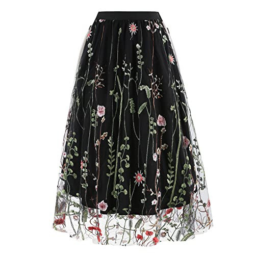 Floral Embroidered Skirts for Women: Knee Length Embroidered Flower Skirts - Summer Floral Embroidery Tulle Mesh 50s Vintage A-Line Black M | Amazon (US)