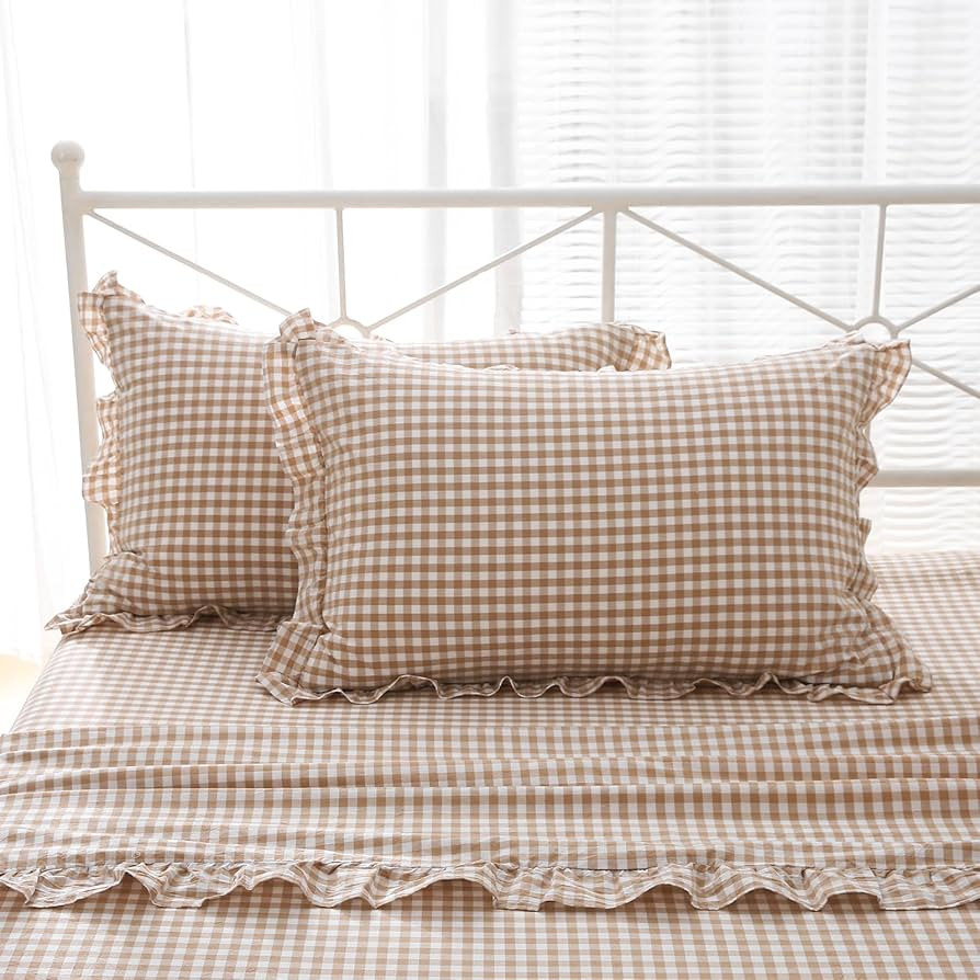 2 Pack Taupe White Plaid Ruffle Pillow Shams Standard Size 20x26 inches, 100% Washed Cotton Gingh... | Amazon (US)