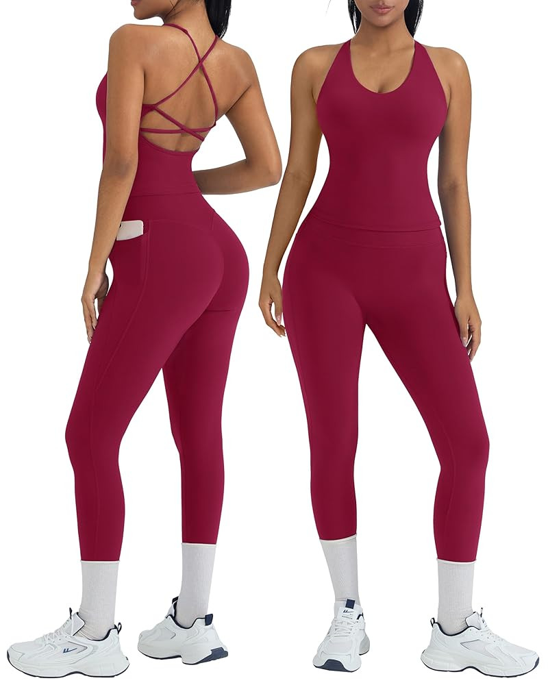OMKAGI 2 Piece Workout Sets for Women Padded Workout Tops Booty Leggings with Pockets Gym Sets | Amazon (US)
