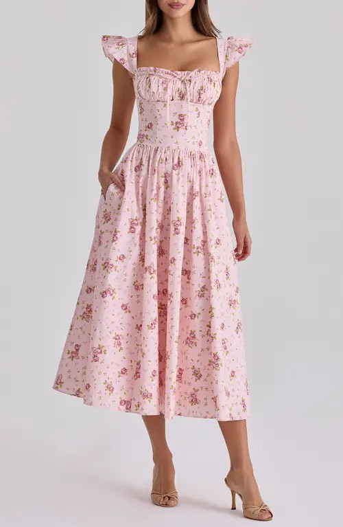 HOUSE OF CB Livia Pink Rose Stretch Cotton Midi Dress in Pink Vintage at Nordstrom, Size Large | Nordstrom