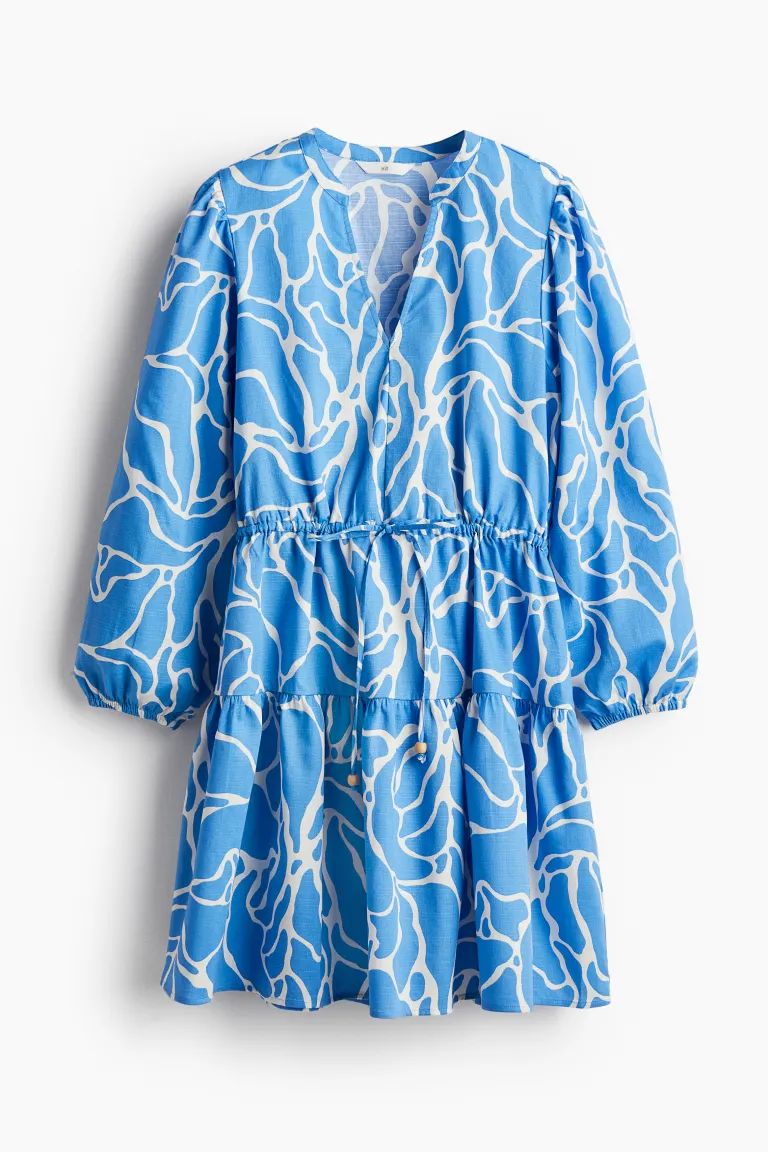 Drawstring-detail Dress - V-neck - Long sleeve - Blue/patterned - Ladies | H&M US | H&M (US + CA)