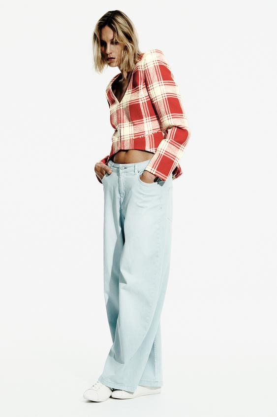 Zara - Fitted Plaid Jacket Zw Collection - White / Red - L - Woman | Zara US